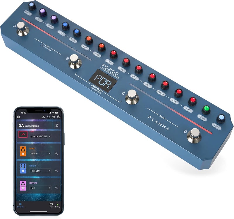 FLAMMA FG200 Intelligent Multi-Effects Guitar Pedal with 52 AMP Models 5 BOOST Models 16 CAB Simulations 7 Effects Modules 9 IR Slots 40 Presets 40 Rhythm Styles Support APP OTG - Image 1
